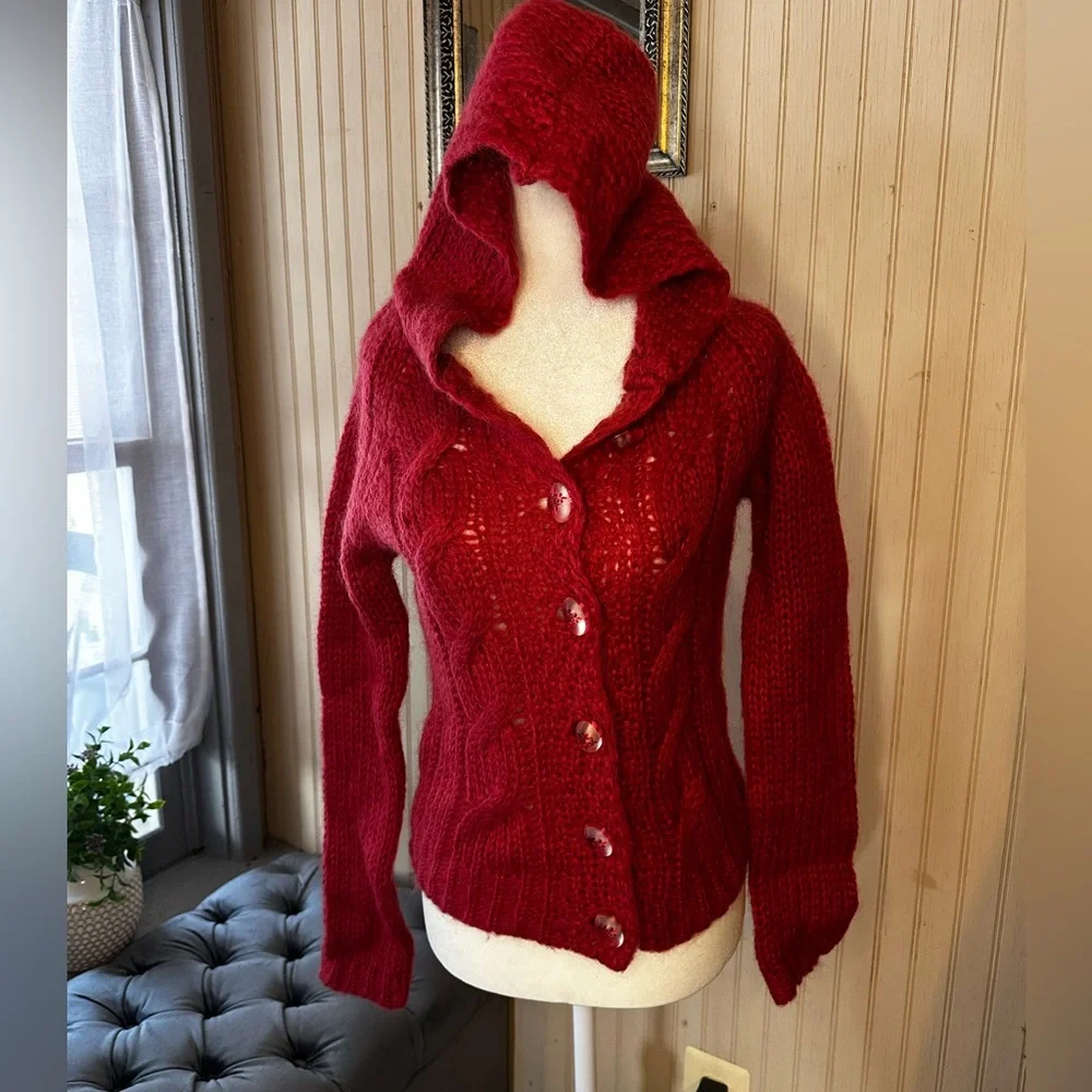Sleeping on Snow Anthropologie Mohair Hooded Cable Knit Cardigan Sweater Red S